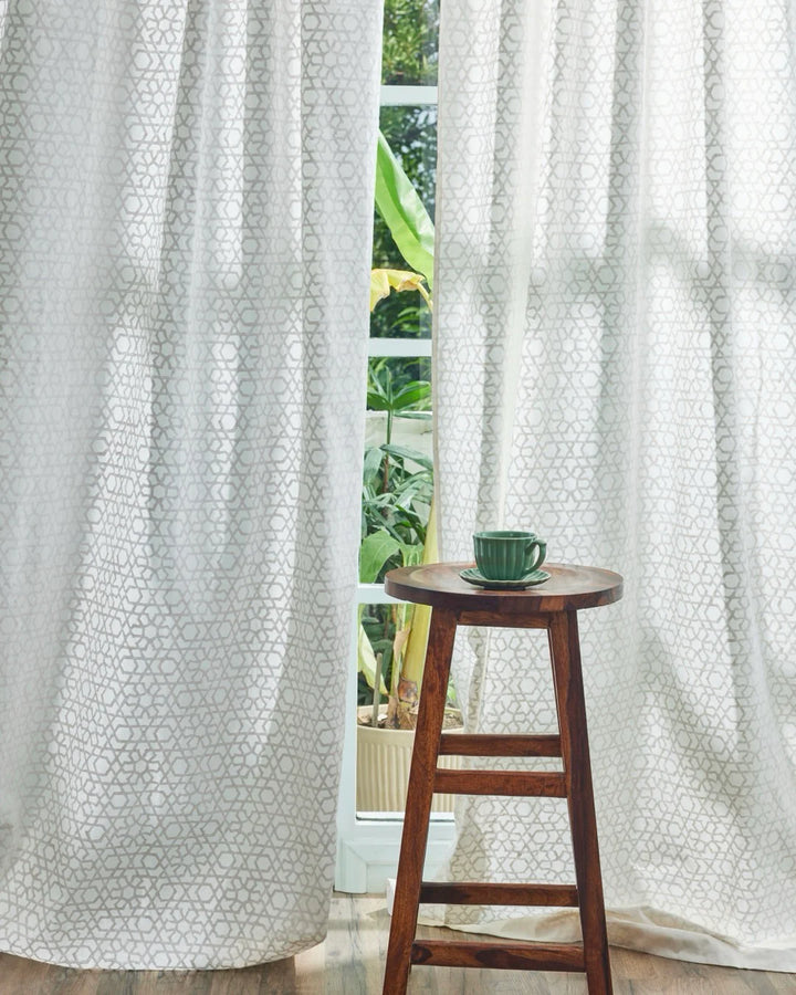 White Hand Block Printed Linen Curtains | Moroccan Geometric Design