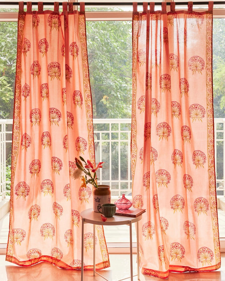 Pink & Green Hand Block Printed Linen Curtains | Floral Pattern | Privacy Opaque Light Filtering