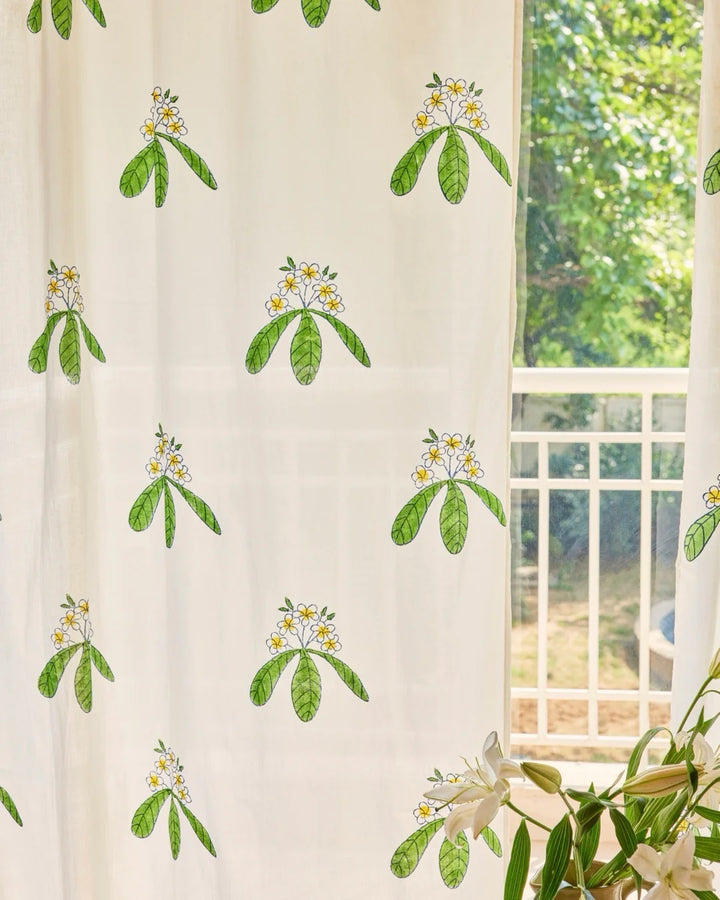 White & Green Hand Block Printed Linen Curtains | Frangipani Design