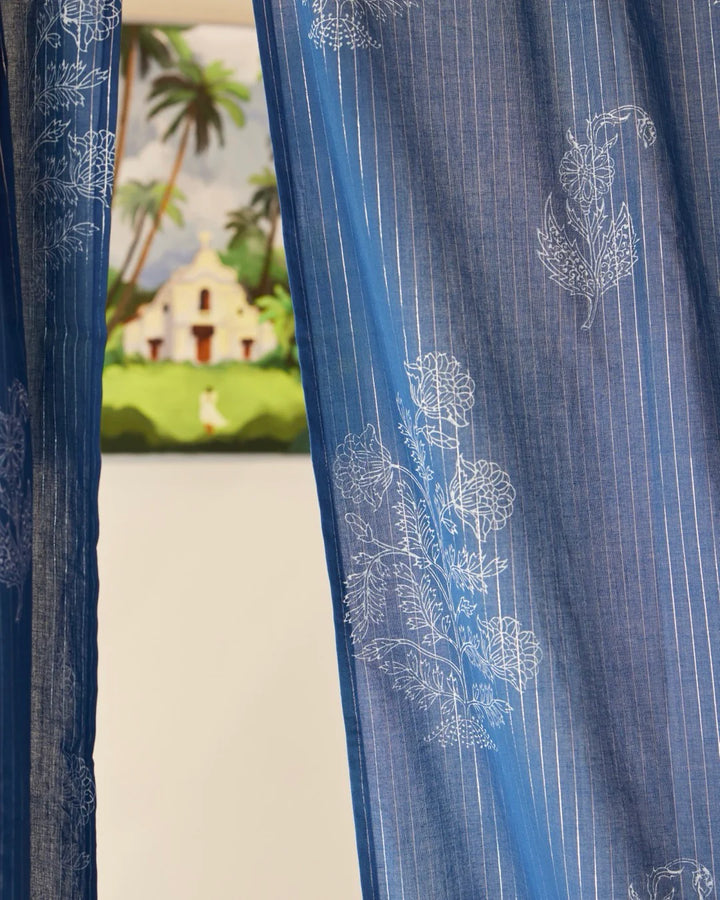 Indigo Hand Block Printed Linen Curtains | Floral & Stripe Design