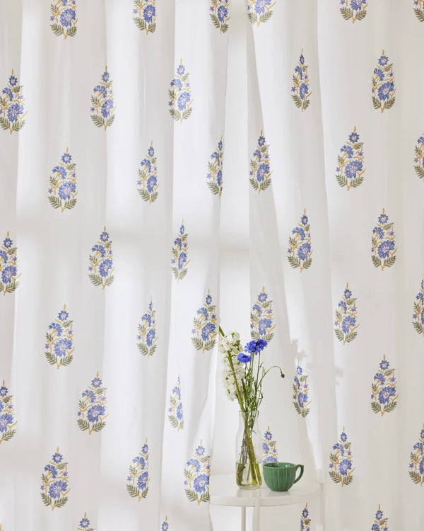 White & Blue Hand Block Printed Linen Curtains | Blue Lotus Design