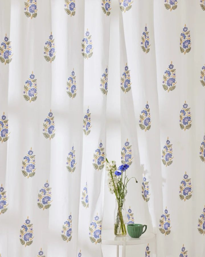 White & Blue Hand Block Printed Linen Curtains | Blue Lotus Design