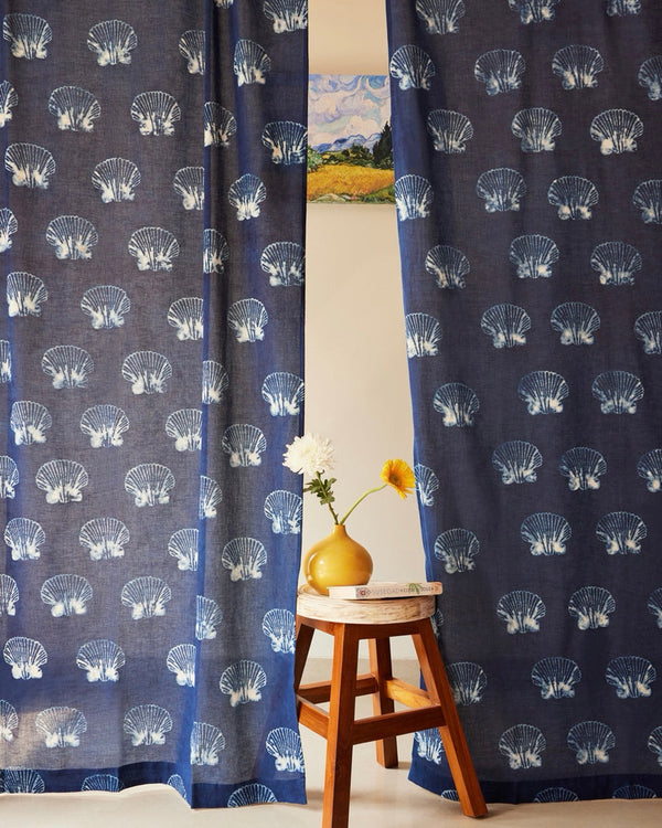 Indigo Hand Block Printed Linen Curtains | Seashell Pattern