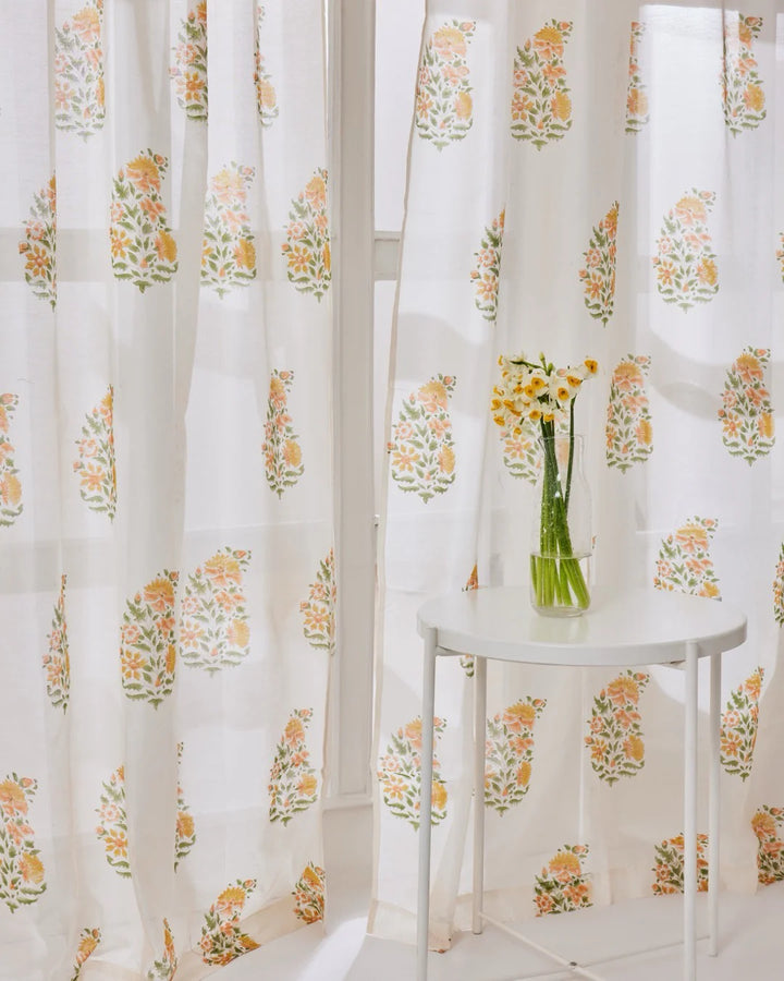 White & Yellow Hand Block Printed Linen Curtains | Floral Bouquet Design