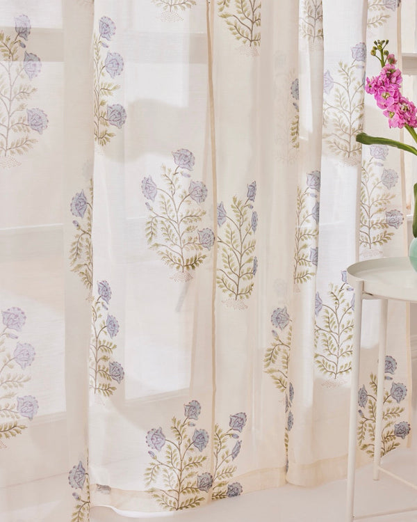 White, Blue & Green Hand Block Printed Linen Curtains | Floral Pattern
