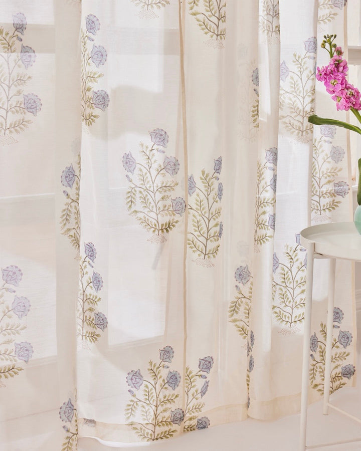 White, Blue & Green Hand Block Printed Linen Curtains | Floral Pattern