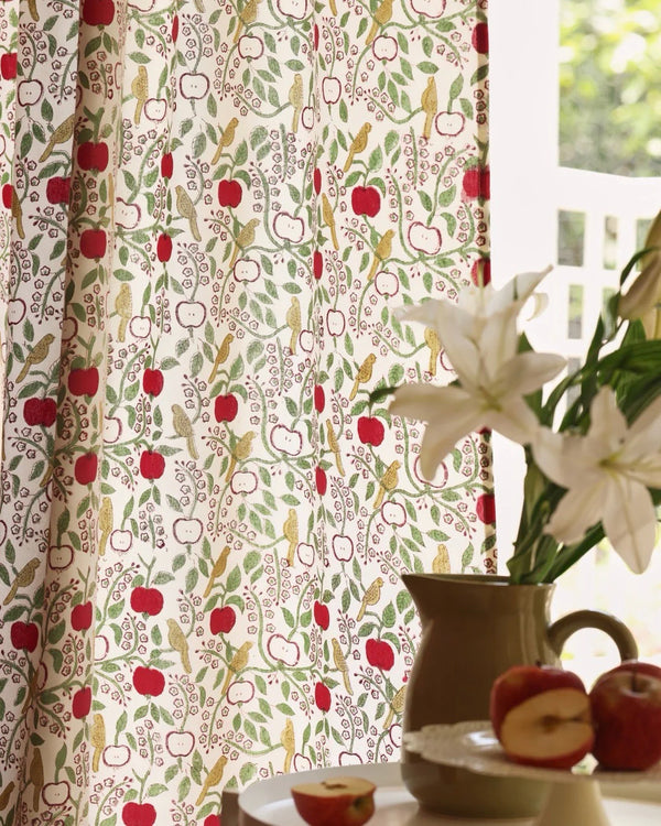 White & Red Hand Block Printed Linen Curtains | Apple & Bird Design