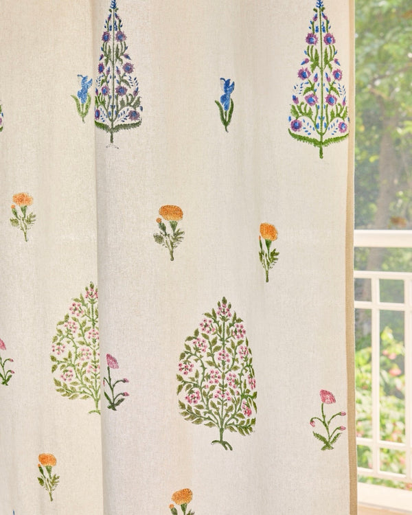 Hand Block Printed Linen Curtains | Tree & Floral Motif | Light Filtering Opaque For Privacy