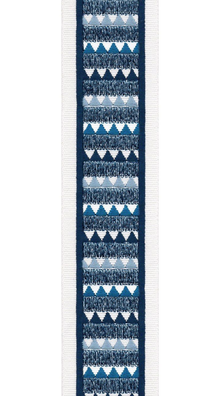 Geometric Textured Cotton Canvas Trim | 2.5 Inch / 6.35cm Tribal Border Tape | By The Metre Ivory Navy Blue
