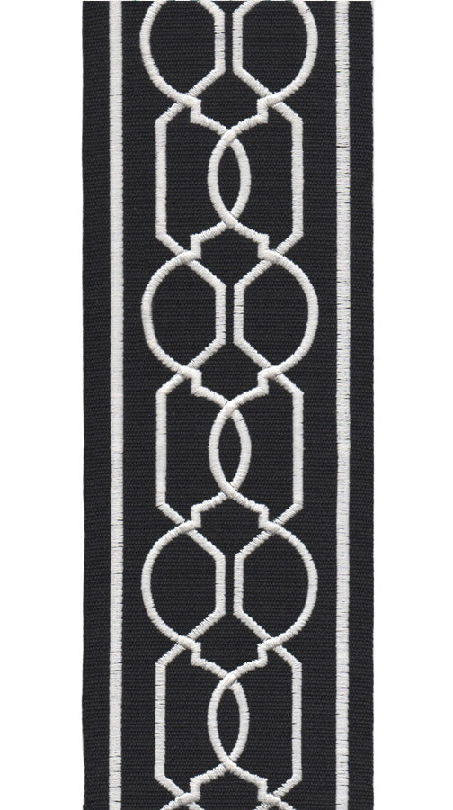 Geometric Embroidered Trim | 10cm Wide | Modern Design for Curtains, Cushions & Crafts | By the Metre Black White