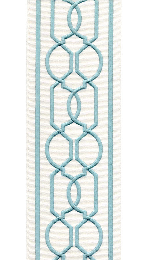 Geometric Embroidered Trim | 10cm Wide | Modern Design for Curtains, Cushions & Crafts | By the Metre Ivory Aqua