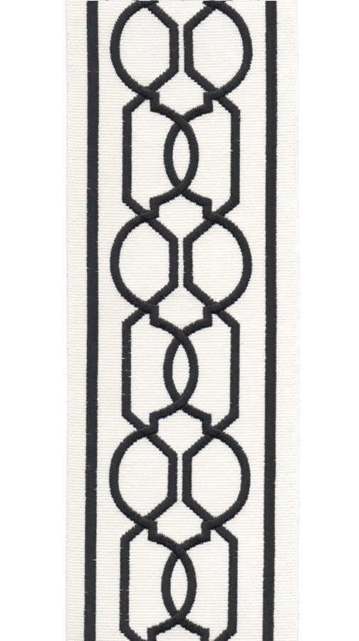 Geometric Embroidered Trim | 10cm Wide | Modern Design for Curtains, Cushions & Crafts | By the Metre Ivory Black