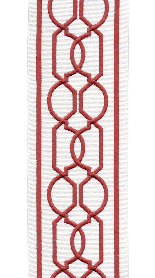 Geometric Embroidered Trim | 10cm Wide | Modern Design for Curtains, Cushions & Crafts | By the Metre Ivory Coral