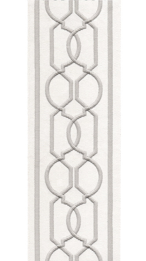 Geometric Embroidered Trim | 10cm Wide | Modern Design for Curtains, Cushions & Crafts | By the Metre Ivory Fog