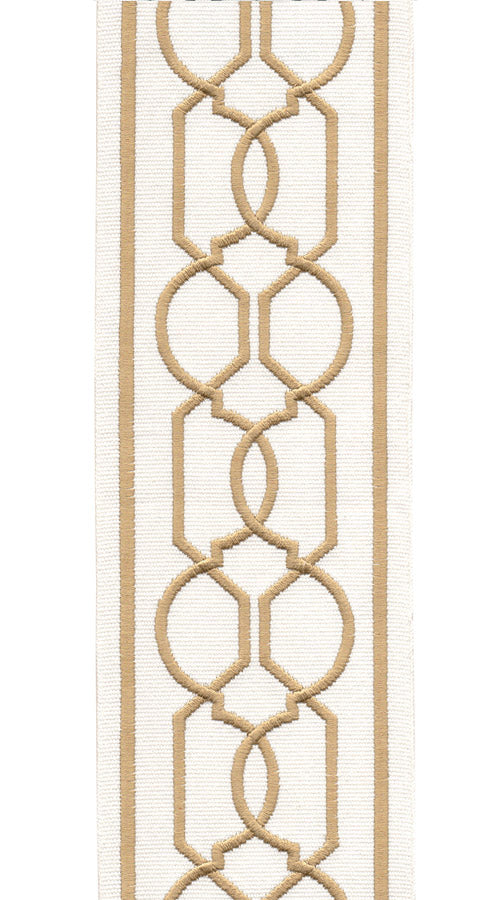Geometric Embroidered Trim | 10cm Wide | Modern Design for Curtains, Cushions & Crafts | By the Metre Ivory Gold