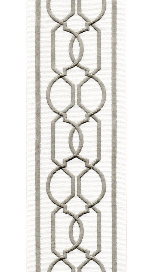 Geometric Embroidered Trim | 10cm Wide | Modern Design for Curtains, Cushions & Crafts | By the Metre Ivory Grey