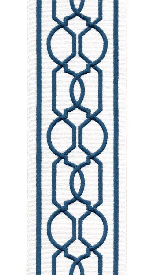 Geometric Embroidered Trim | 10cm Wide | Modern Design for Curtains, Cushions & Crafts | By the Metre Ivory Navy