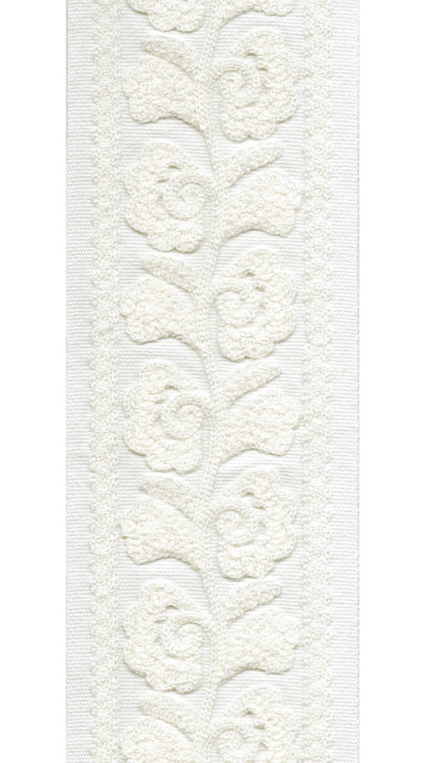 Floral Vine Cotton Canvas Trim | 4 Inch (10.16cm) | Wide Raised Embroidery Border | 2 Colours | By The Metre Ivory on Ivory