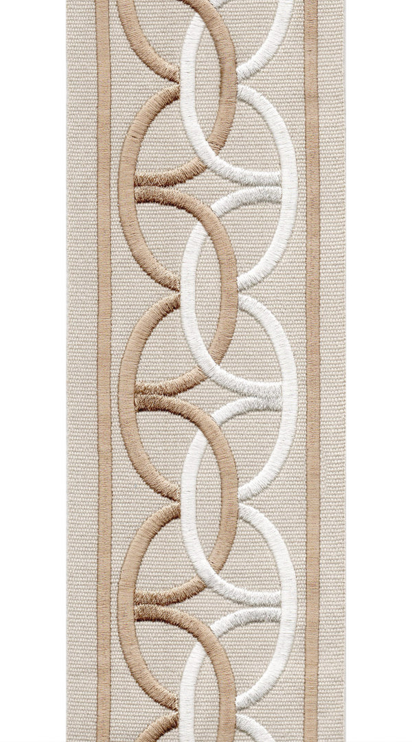 Interlocking Ring Cotton Canvas Trim | 4 Inch / 10.16cm Wide Embroidered Border | By The Metre Taupe Cream
