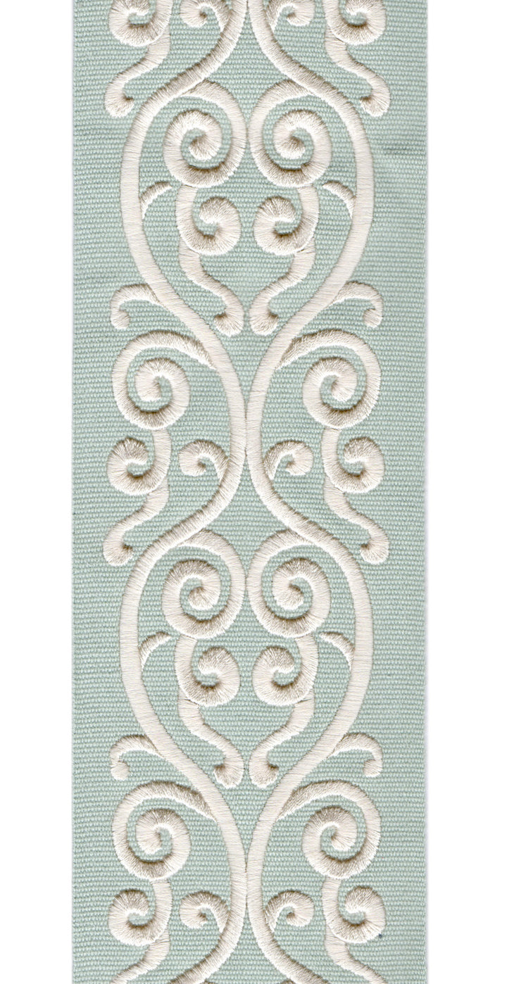 Embroidered Scroll Trim | 10cm Wide Cotton Canvas | Elegant Design for Curtains, Cushions & Crafts | By the Metre Aqua Beige