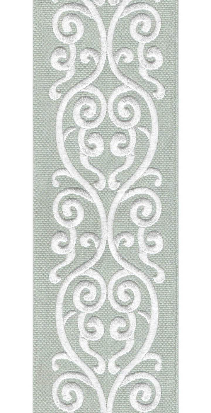 Embroidered Scroll Trim | 10cm Wide Cotton Canvas | Elegant Design for Curtains, Cushions & Crafts | By the Metre Aqua White