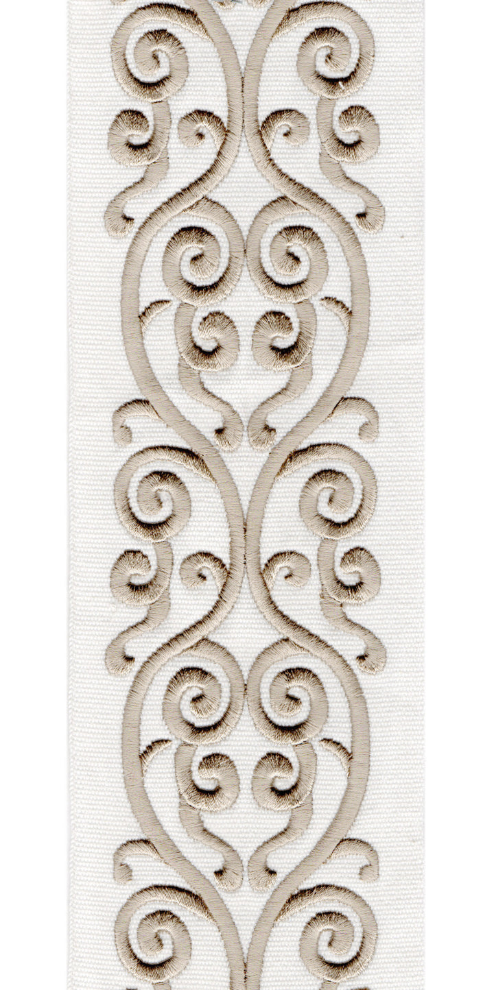 Embroidered Scroll Trim | 10cm Wide Cotton Canvas | Elegant Design for Curtains, Cushions & Crafts | By the Metre Ivory Beige