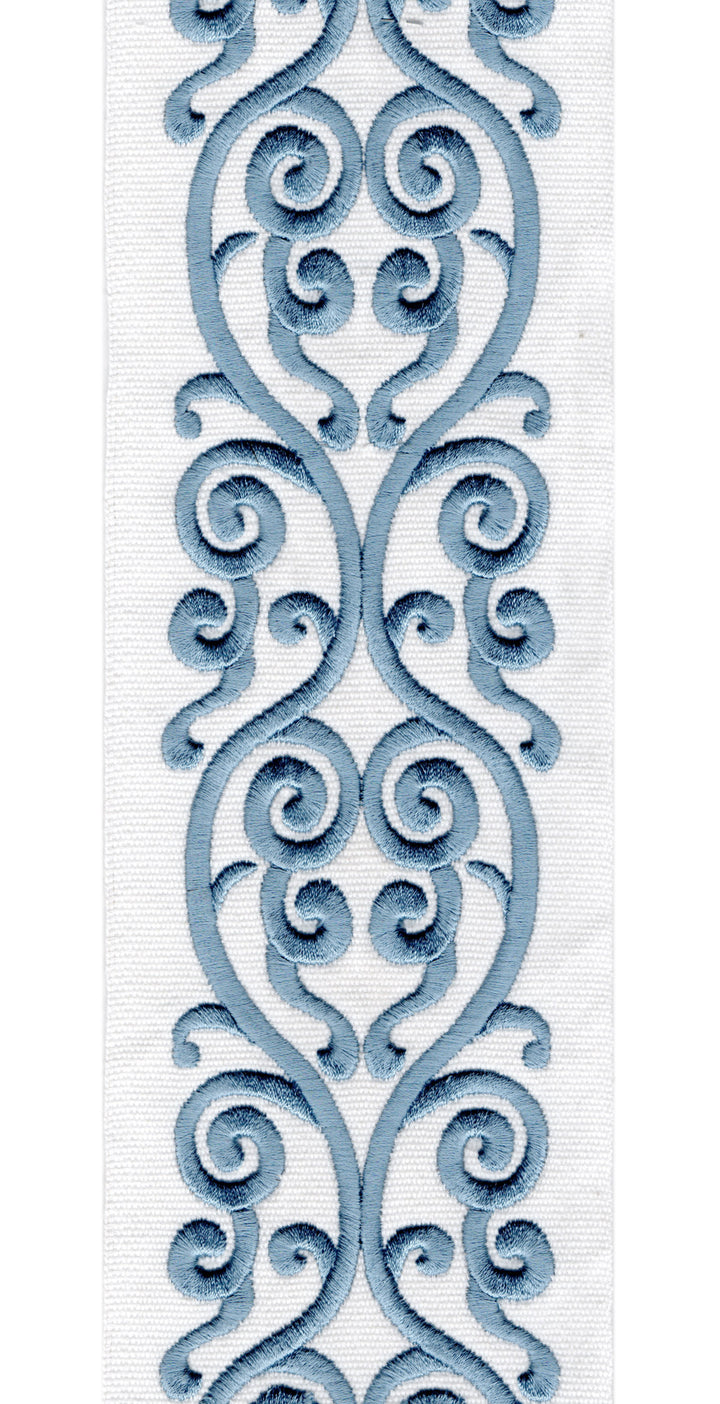 Embroidered Scroll Trim | 10cm Wide Cotton Canvas | Elegant Design for Curtains, Cushions & Crafts | By the Metre Ivory Blue