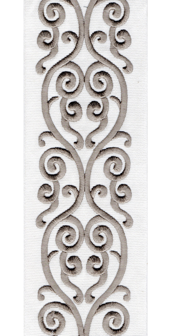 Embroidered Scroll Trim | 10cm Wide Cotton Canvas | Elegant Design for Curtains, Cushions & Crafts | By the Metre Ivory Fog