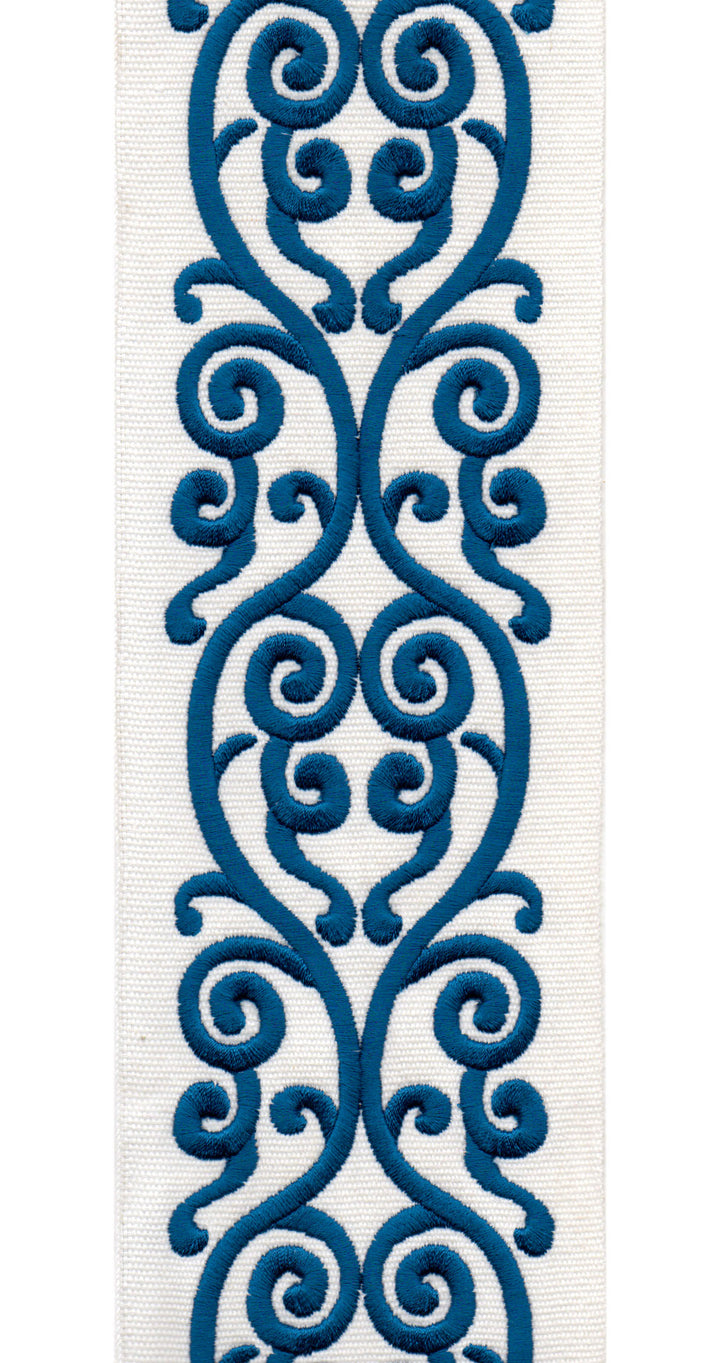 Embroidered Scroll Trim | 10cm Wide Cotton Canvas | Elegant Design for Curtains, Cushions & Crafts | By the Metre Ivory Navy
