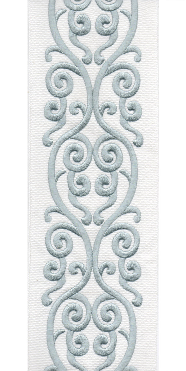 Embroidered Scroll Trim | 10cm Wide Cotton Canvas | Elegant Design for Curtains, Cushions & Crafts | By the Metre Ivory Sky
