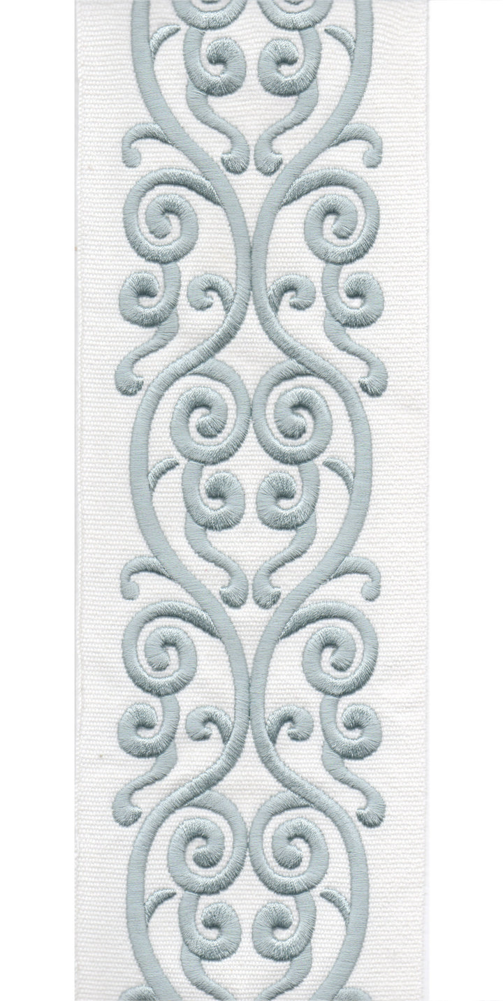 Embroidered Scroll Trim | 10cm Wide Cotton Canvas | Elegant Design for Curtains, Cushions & Crafts | By the Metre Ivory Sky