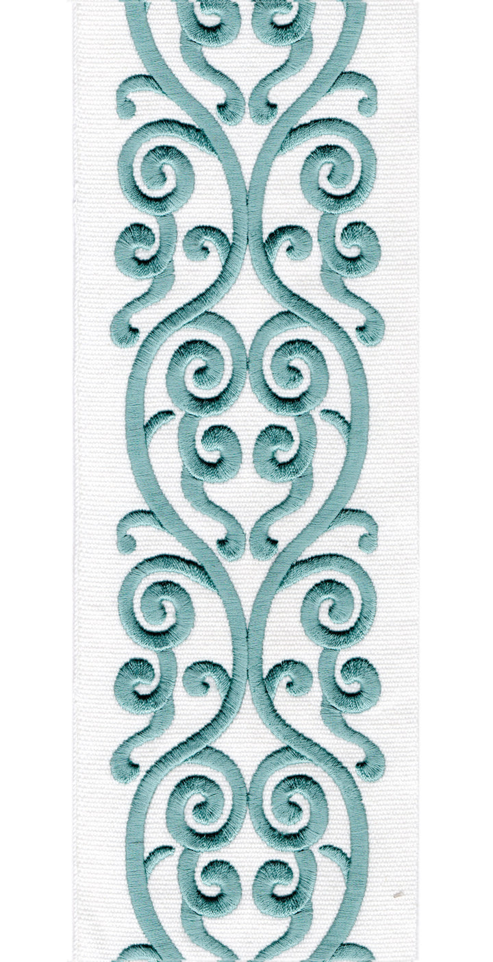 Embroidered Scroll Trim | 10cm Wide Cotton Canvas | Elegant Design for Curtains, Cushions & Crafts | By the Metre Ivory Teal