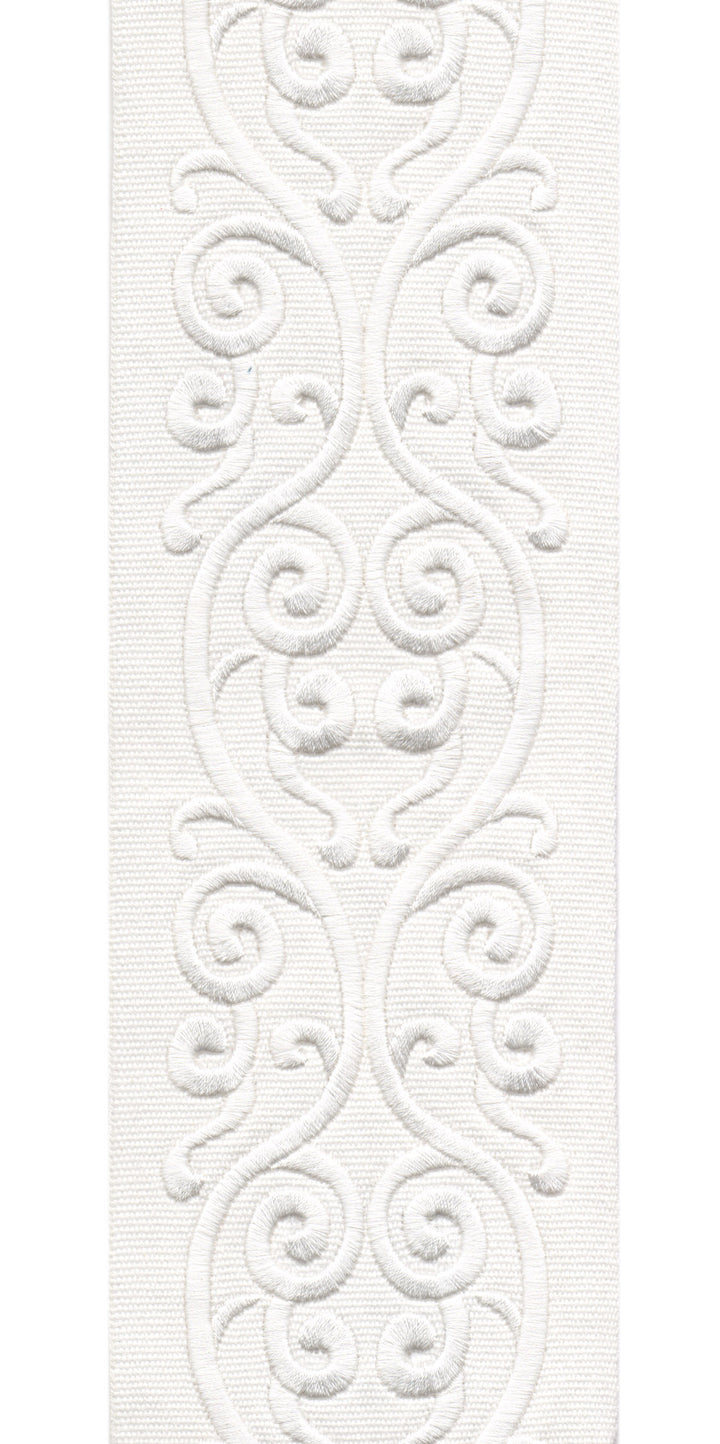 Embroidered Scroll Trim | 10cm Wide Cotton Canvas | Elegant Design for Curtains, Cushions & Crafts | By the Metre Ivory White