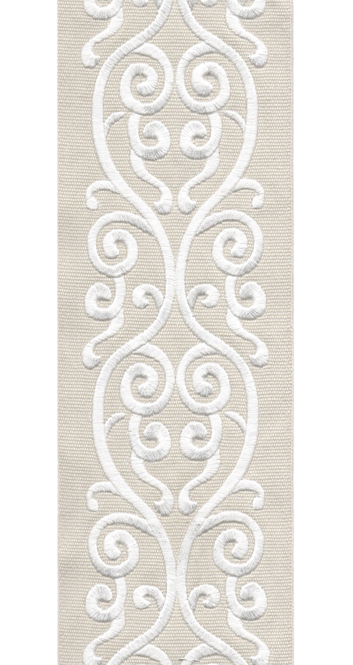 Embroidered Scroll Trim | 10cm Wide Cotton Canvas | Elegant Design for Curtains, Cushions & Crafts | By the Metre Taupe Kora