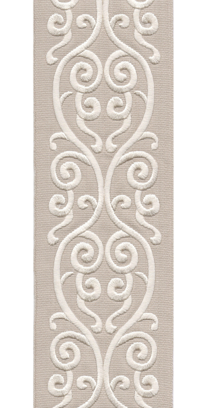 Embroidered Scroll Trim | 10cm Wide Cotton Canvas | Elegant Design for Curtains, Cushions & Crafts | By the Metre Taupe Beige