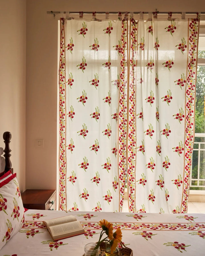 White & Red Hand Block Printed Linen Curtains | Gulmohar Flower Design