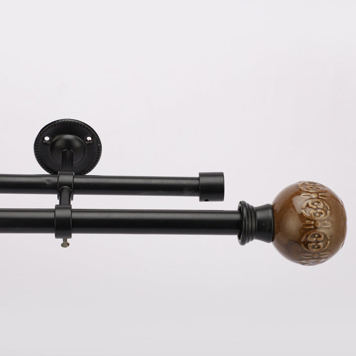 Black Double Curtain Pole | Brown Ceramic Finials | Rustproof | 25KG Load | Traditional Style