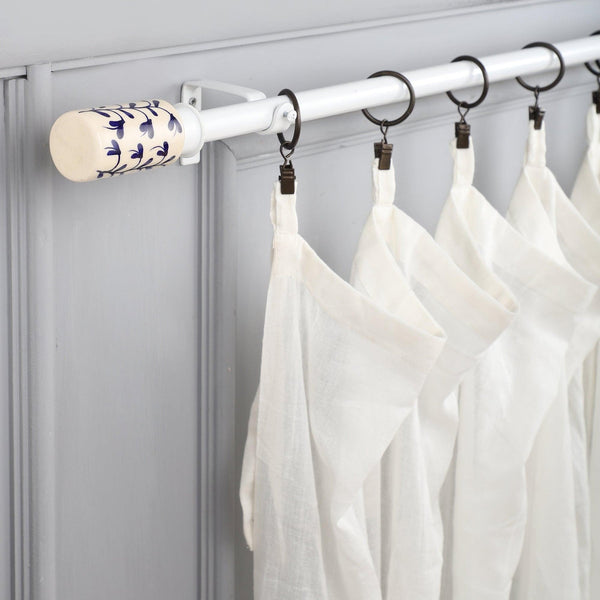 White Extendable Curtain Pole | 19mm | Hand-Painted Floral Finials | 61-366cm