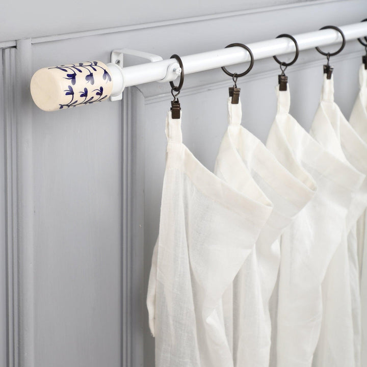 White Extendable Curtain Pole | 19mm | Hand-Painted Floral Finials | 61-366cm