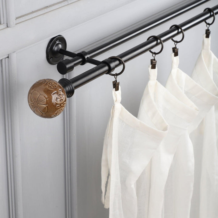 Black Double Curtain Pole | Brown Ceramic Finials | Rustproof | 25KG Load | Traditional Style