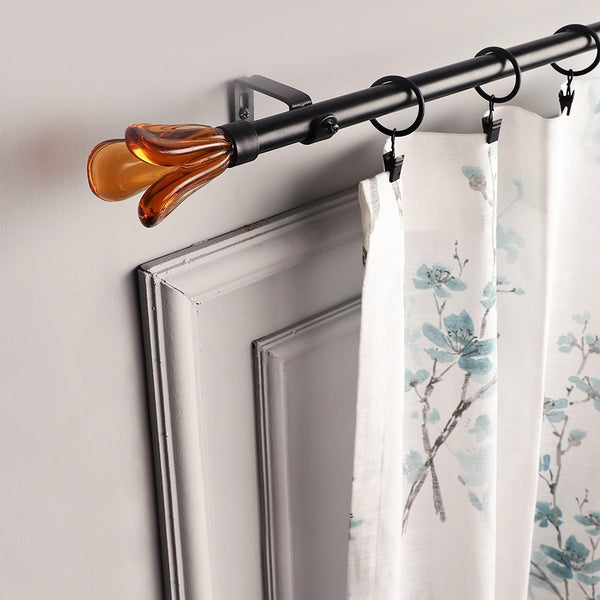 Black Extendable Telescopic Curtain Pole | Rod With Amber Floral Finials | 61-366cm