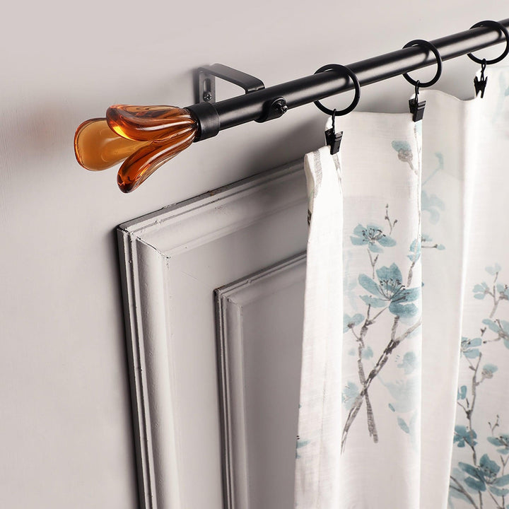 Black Extendable Telescopic Curtain Pole | Rod With Amber Floral Finials | 61-366cm