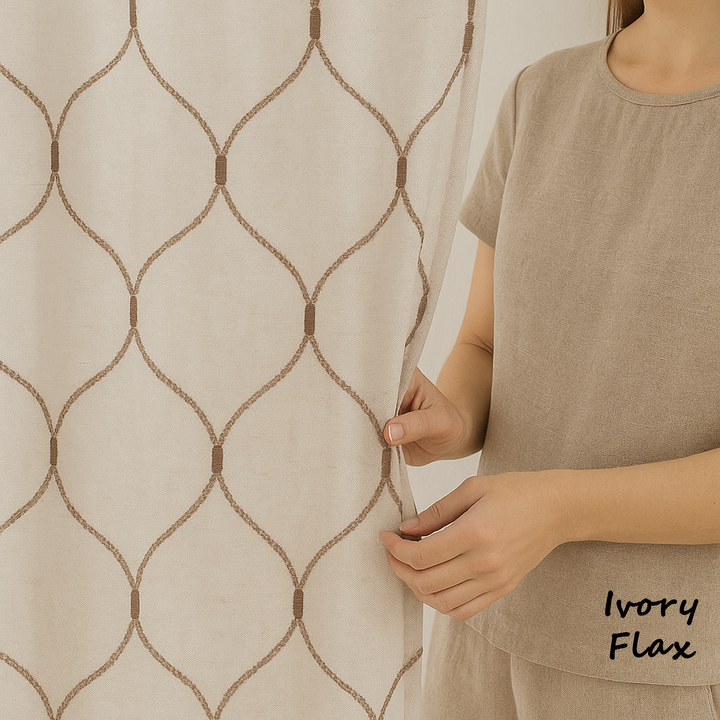 Elegant Sheer Privacy Curtain – Soft Linen Look, Embroidered Trellis Design – Custom Sizes, 4 Heading Styles – OEKO-TEX Certified