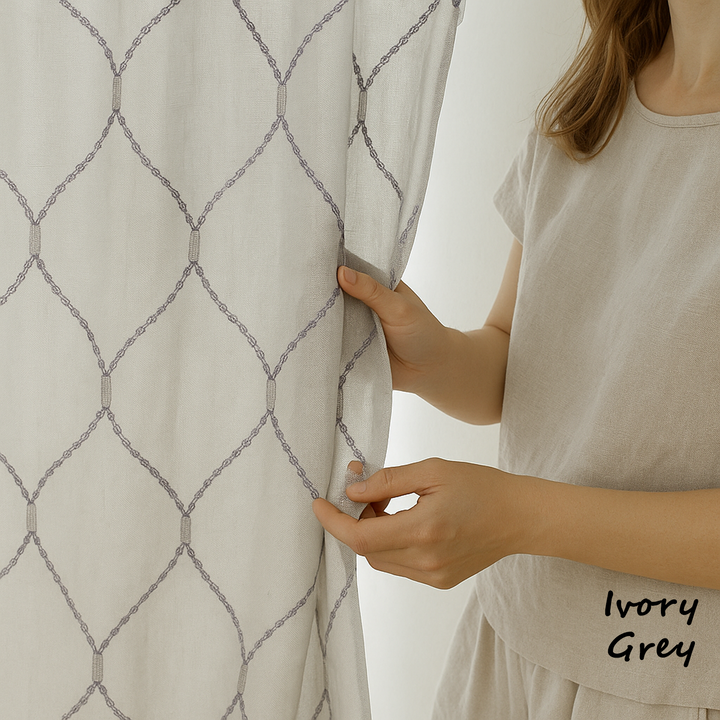 Elegant Sheer Privacy Curtain – Soft Linen Look, Embroidered Trellis Design – Custom Sizes, 4 Heading Styles – OEKO-TEX Certified