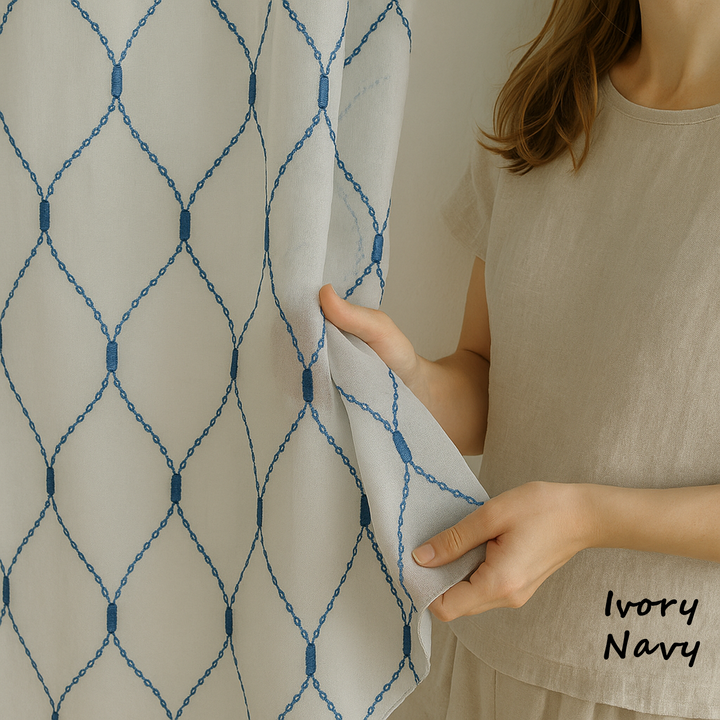 Elegant Sheer Privacy Curtain – Soft Linen Look, Embroidered Trellis Design – Custom Sizes, 4 Heading Styles – OEKO-TEX Certified