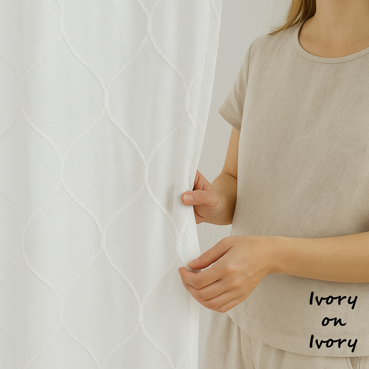 Elegant Sheer Privacy Curtain – Soft Linen Look, Embroidered Trellis Design – Custom Sizes, 4 Heading Styles – OEKO-TEX Certified