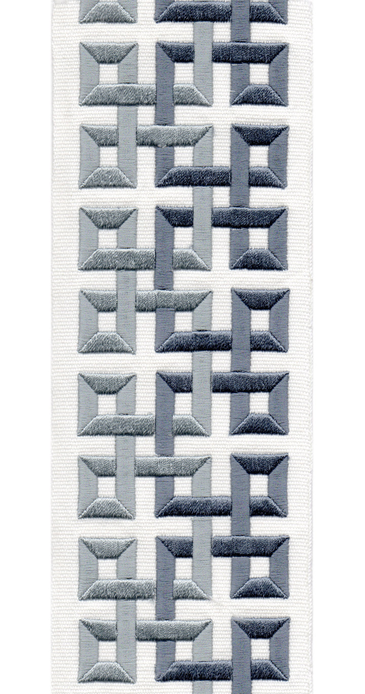 Geometric Embroidered Trim | 10cm Wide | Modern Design for Curtains, Cushions & Crafts | By the Metre Ivory - Ash Grey