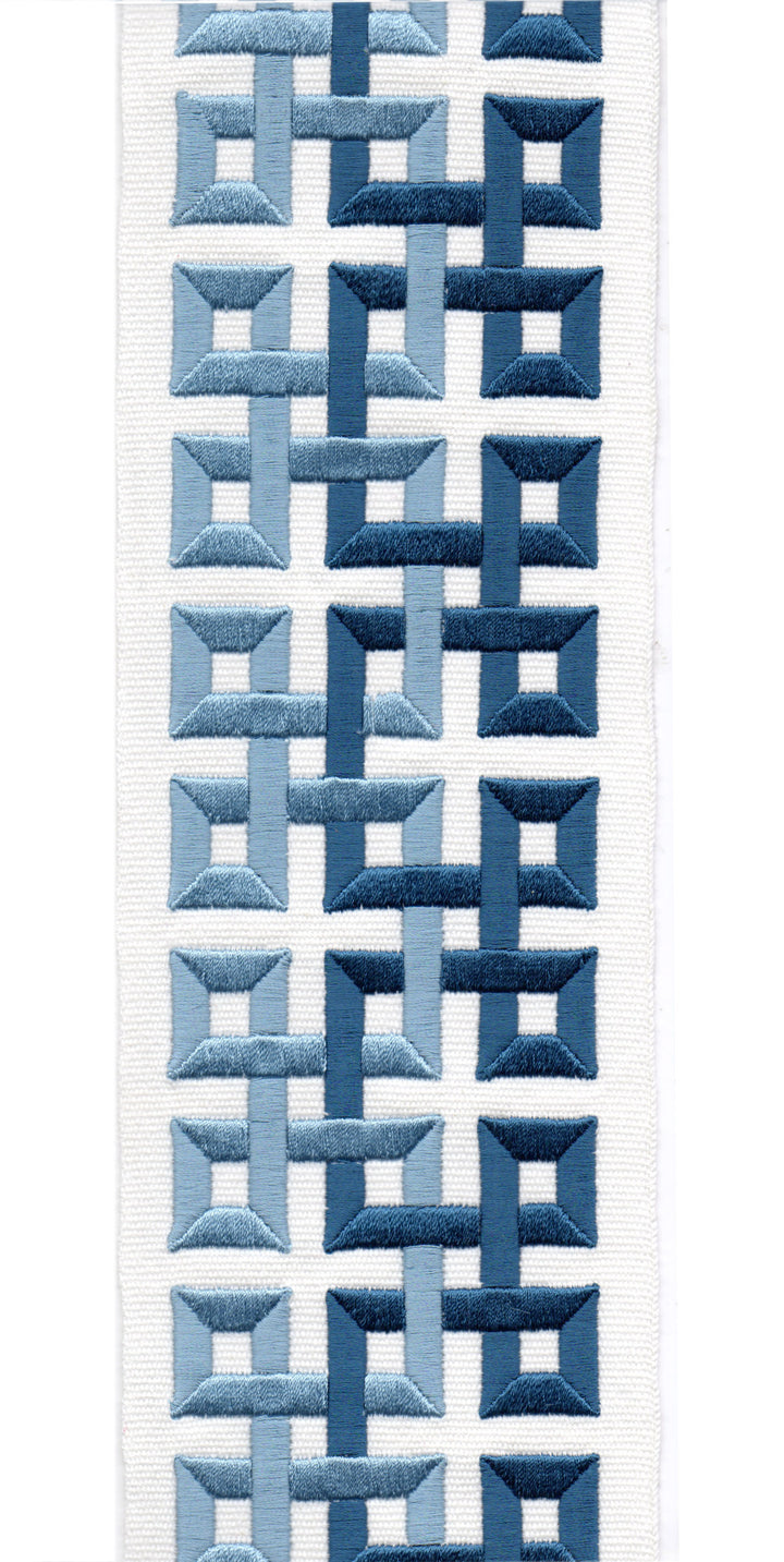 Geometric Embroidered Trim | 10cm Wide | Modern Design for Curtains, Cushions & Crafts | By the Metre Ivory - Navy Blue