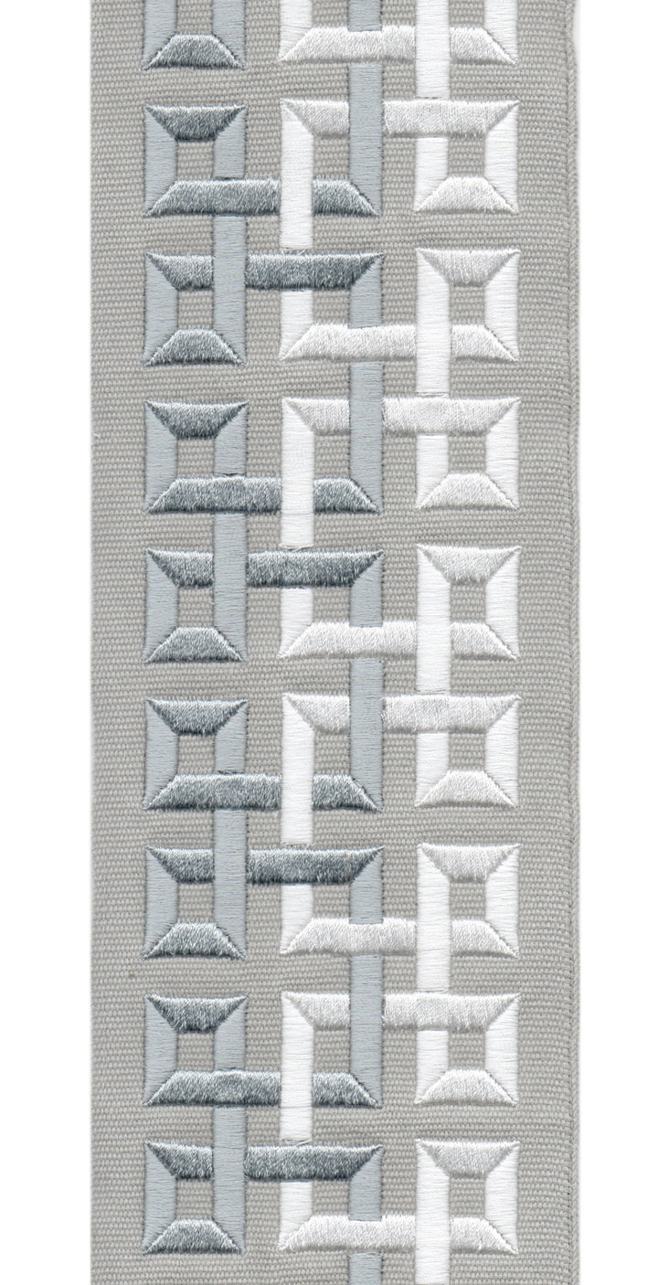 Geometric Embroidered Trim | 10cm Wide | Modern Design for Curtains, Cushions & Crafts | By the Metre Pewter Grey