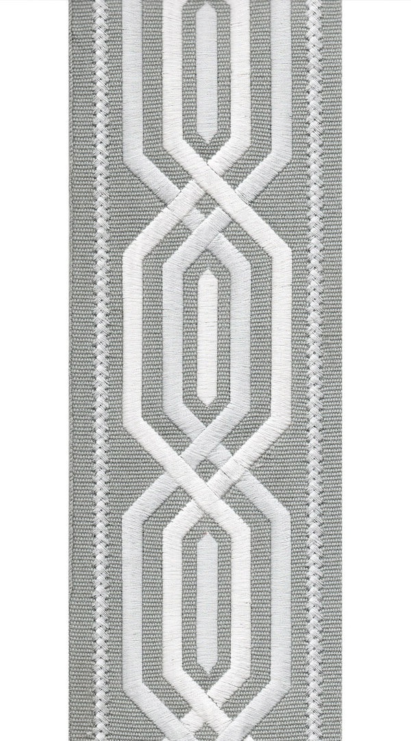 Geometric Cotton Canvas Trim | 4 Inch / 10.16cm Wide Embroidered Border Tape | By The Metre Sterling Grey - White
